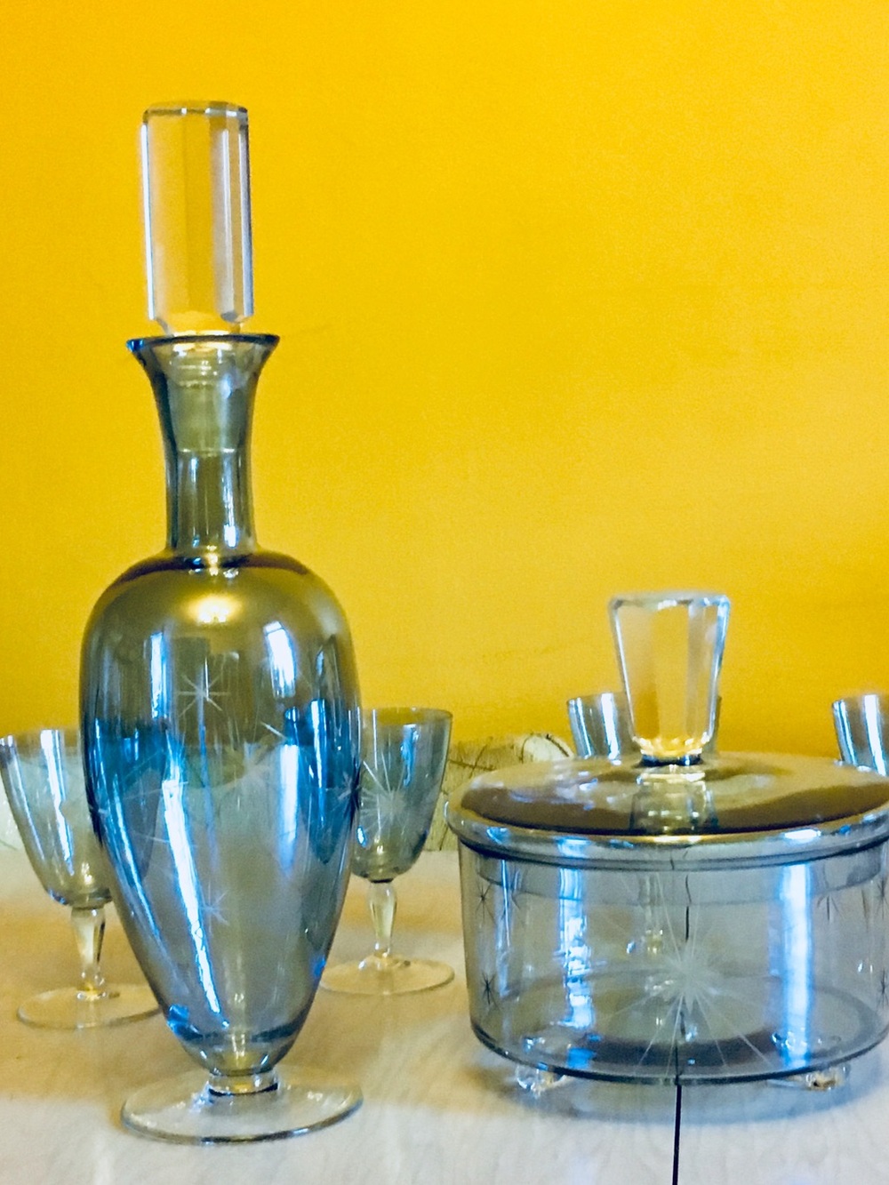 MCM Blue Atomic Starburst Glass Decanter + Ice Container&Lid+ 6 Aperitif Glasses